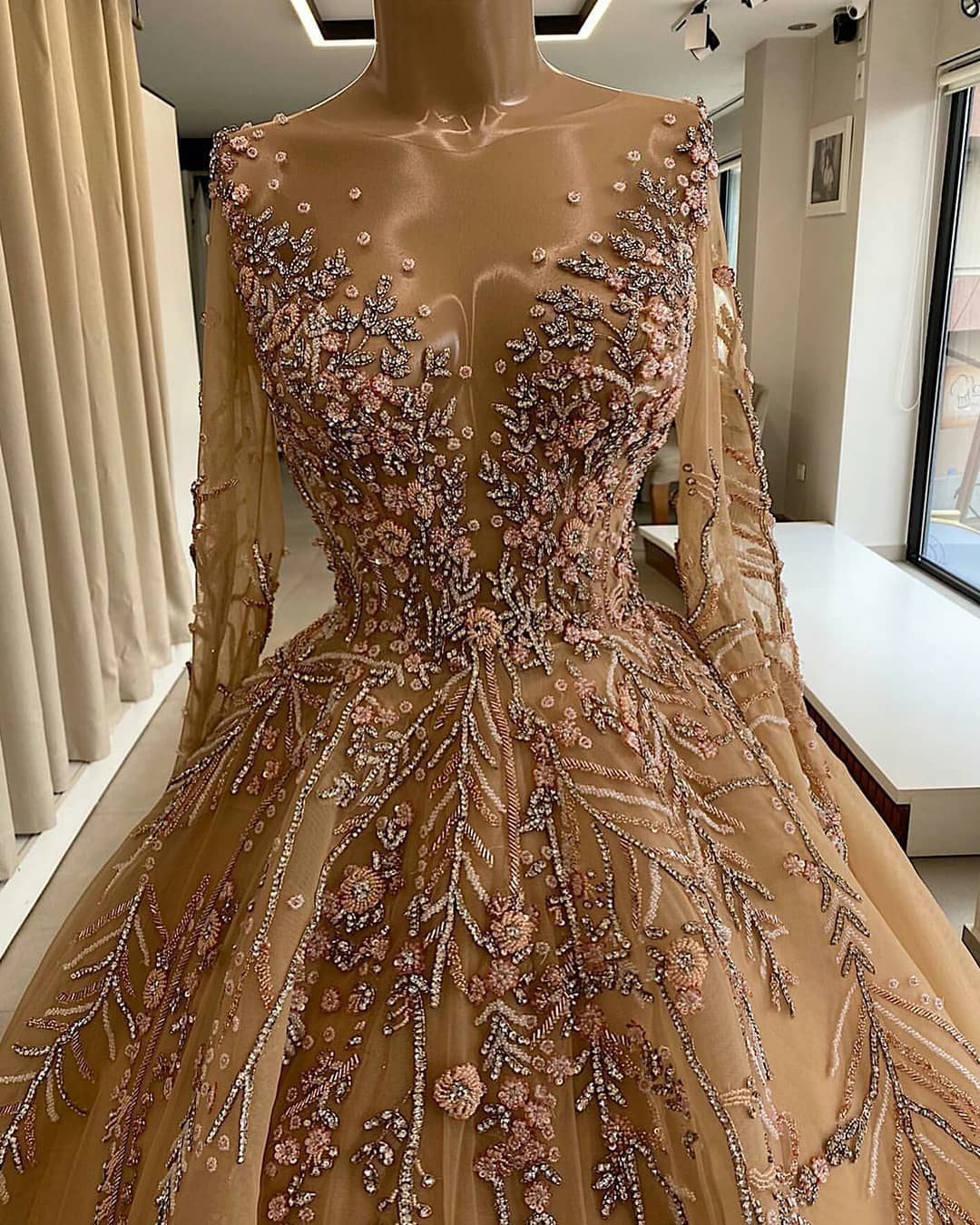 2020 Arabic Aso Ebi Gold Luxurious Sexy Evening Dresses Beaded Crystals Prom Dresses Sheer Neck Formal Party Second Reception Gowns ZJ221