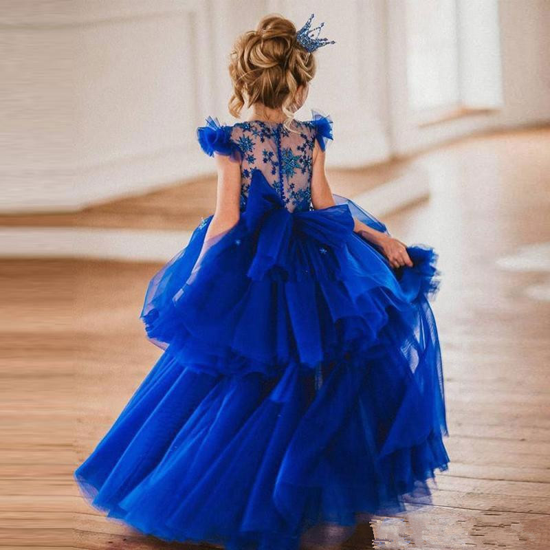 Royal Blue High Low Beaded 2020 Flower Girl Dresses For Wedding A Line Tiered Toddler Pageant Gowns Tulle Kids Communion Dress