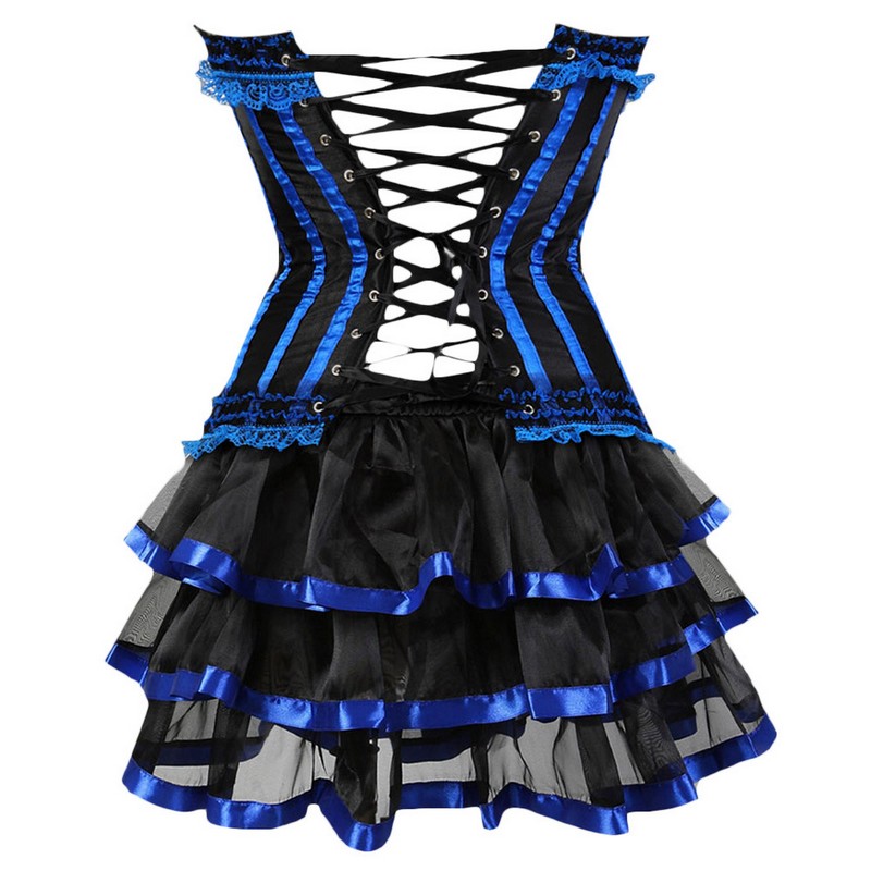 Tiered Lacy Ruffle Satin Overbust Corset with Black Contrast Mini Layered Skirt Women Burlesque Corset Skirt Outfit Big Plus Size S-6XL Mult