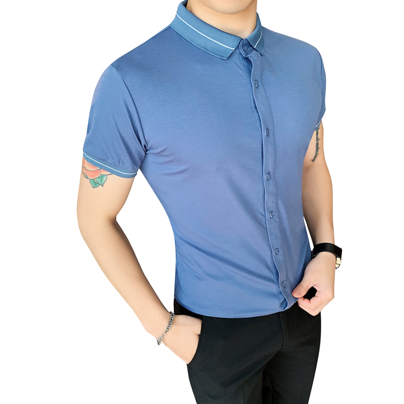 Summer 2020 new men' short-sleeved shirt Korean stitching Slim British casual lapel half-sleeved shirt, Black
Summer 2020 new men' short-sleeved shirt Korean stitching Slim British casual lapel half-sleeved shirt, Black