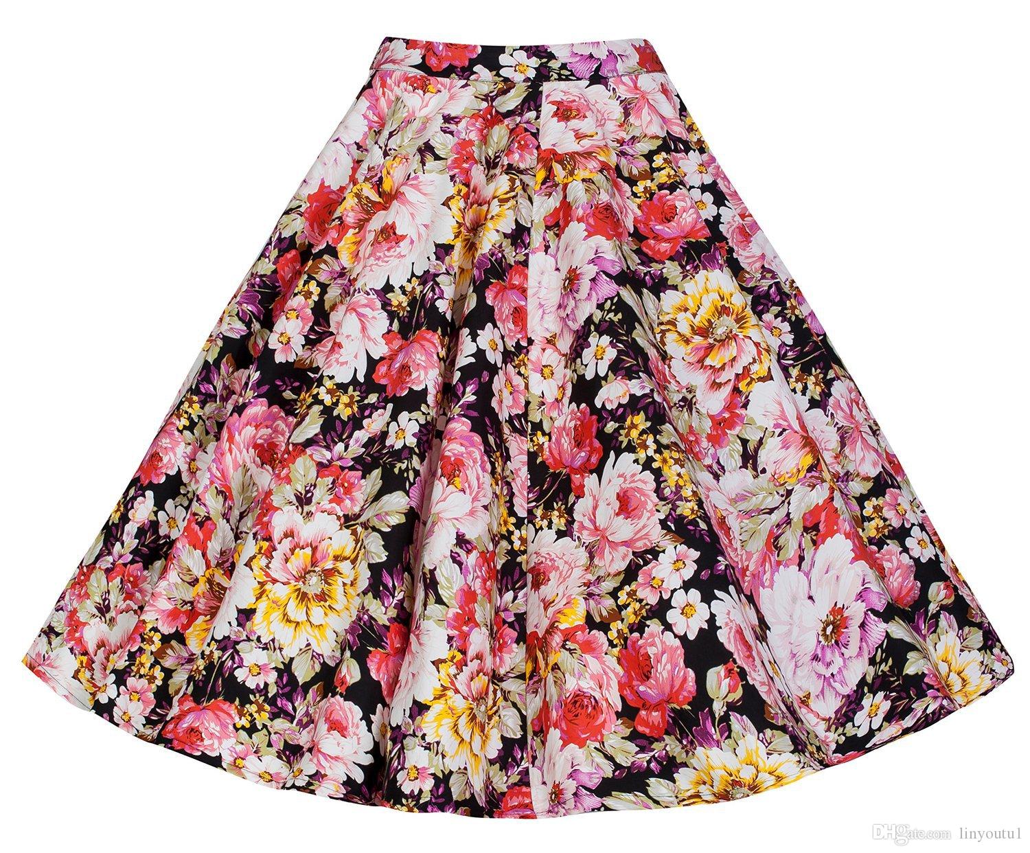 2020 Black Skirt Women High Waist Plus Size Floral Print Polka Dot Ladies Plaid Skirts Skater 50s Swing Vintage Skirts Womens