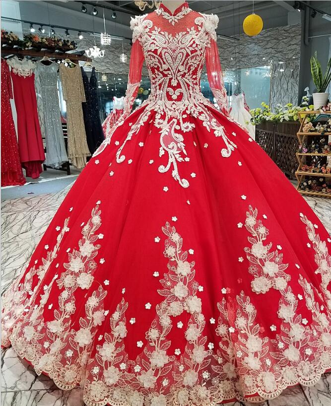 Luxury Red Ball Gown Prom Dresses Muslim High Neck Lace Appliqued Beads Evening Dress Wear Plus Size Abendkleider Formal Party Gowns
