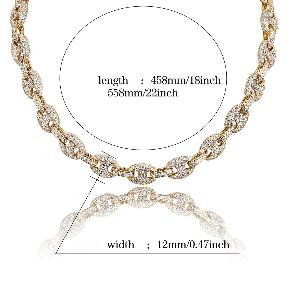 12MM Men's Hip Hop Handcuffs Shape Tennis Chain Bling Zircon Coffee Beans Link Necklace Jewelry