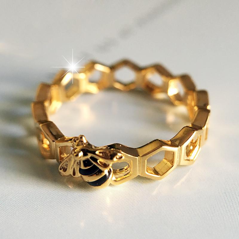 18K Yellow Gold bees Rings Set 925 Sterling Silver honeycomb for Women Girls Jewelry with Retail Box