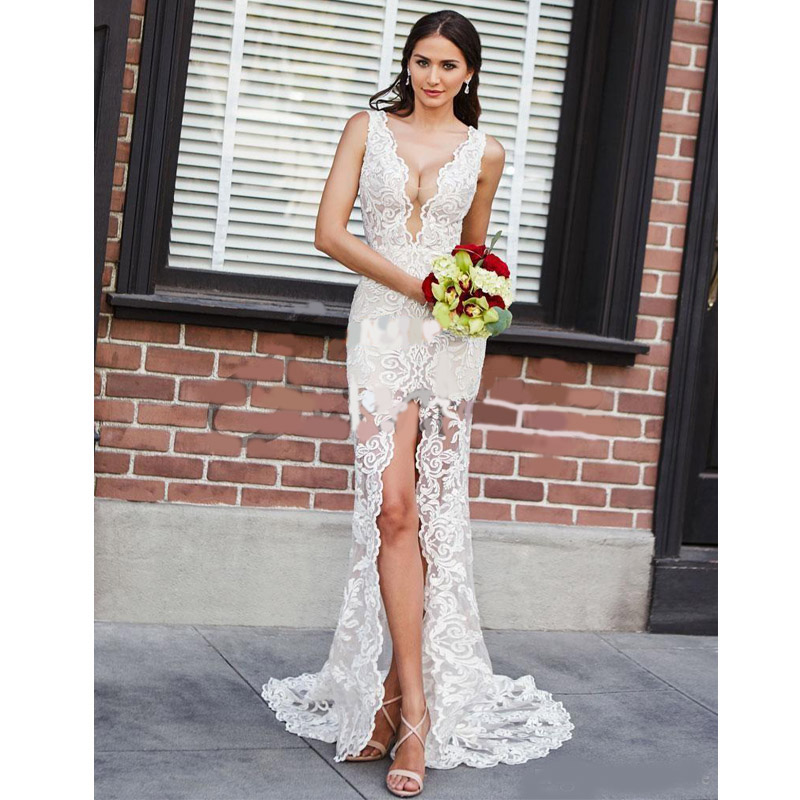 Mermaid Wedding Dresses Deep V Neck Backless Bride Dress See Through Split Front Beach Bridal Gown robes de mariée
