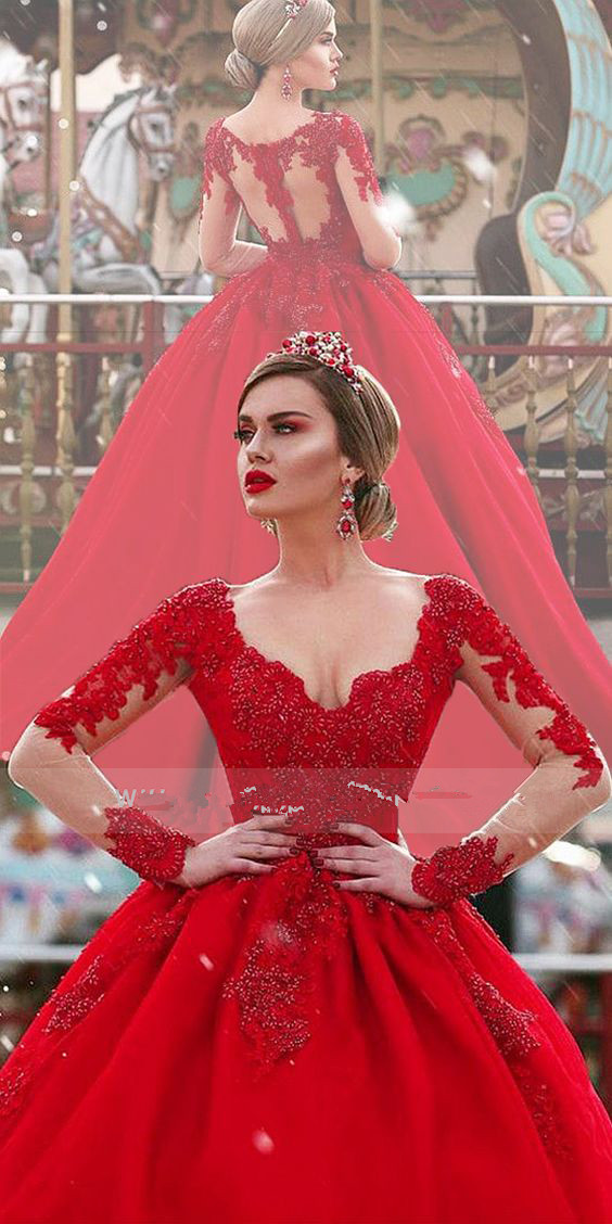 vestido de noiva Vintage V Neck Wedding Dresses Long Sleeves Beaded Lace Applique Illusion Zipper Back Sweep Train Red Bridal Dress