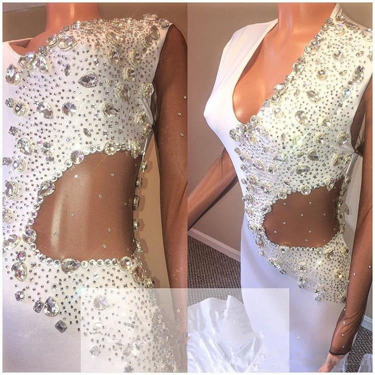 Hot White Prom Dresses Black Girls Vintage Mermaid Evening Gowns Beads Crystals Ruched Long Sexy Cutaway Sides Vestidos Party Dresses