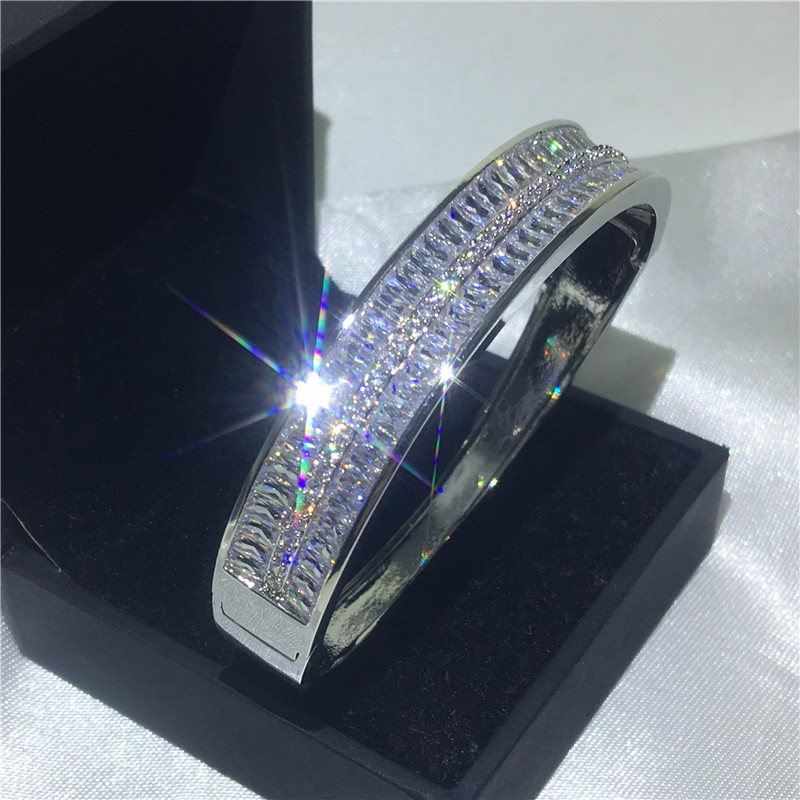 Choucong Sparkling Shinning Luxury Jewelry 10KT White Gold Fill Double Princess Cut White Topaz CZ Diamond Party Women Wedding Bridal Bangle