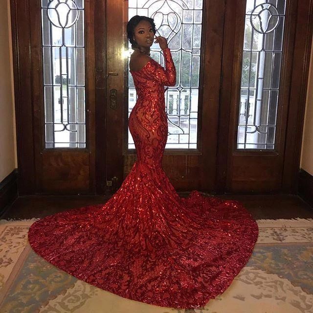 2024 Black Girls New Sexy Arabic Mermaid Prom Dresses Red Sequins Lace Long Sleeves Sequined Backless Party Dress Evening Gowns Vestidos 403 6660311