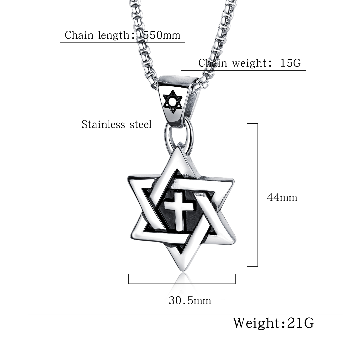 Fashion Six-pointed Star Cross Pendants Necklace Jewelry Gun Black Color Stainless Steel Necklace Men Women Gift