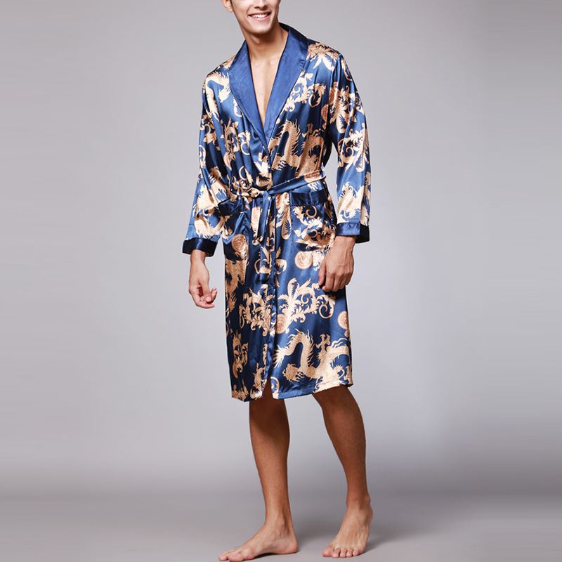 Stylish Mens Robe Long Sleeves Bathrobe Silk Kimono Lucky Dragon Print Pajamas Night Dressing Gown Masculina Bathrobe Homewear9680028