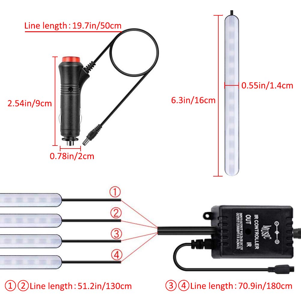 Car LED Strip Light 4Pcs 48 LEDs Multicolor Car Interior Light with Sound Active Function Wireless Remote Control Car Charger2019