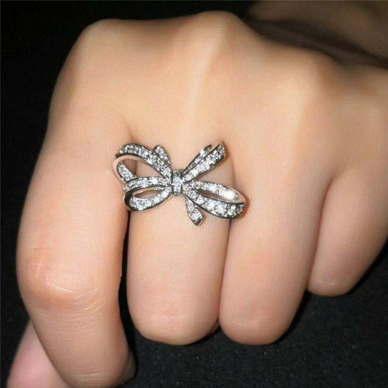 Sterg Sier White Sapphire Pave CZ Dia Eternity Women Bow Wedding Bridal Ring For Lovers Gift 45f6