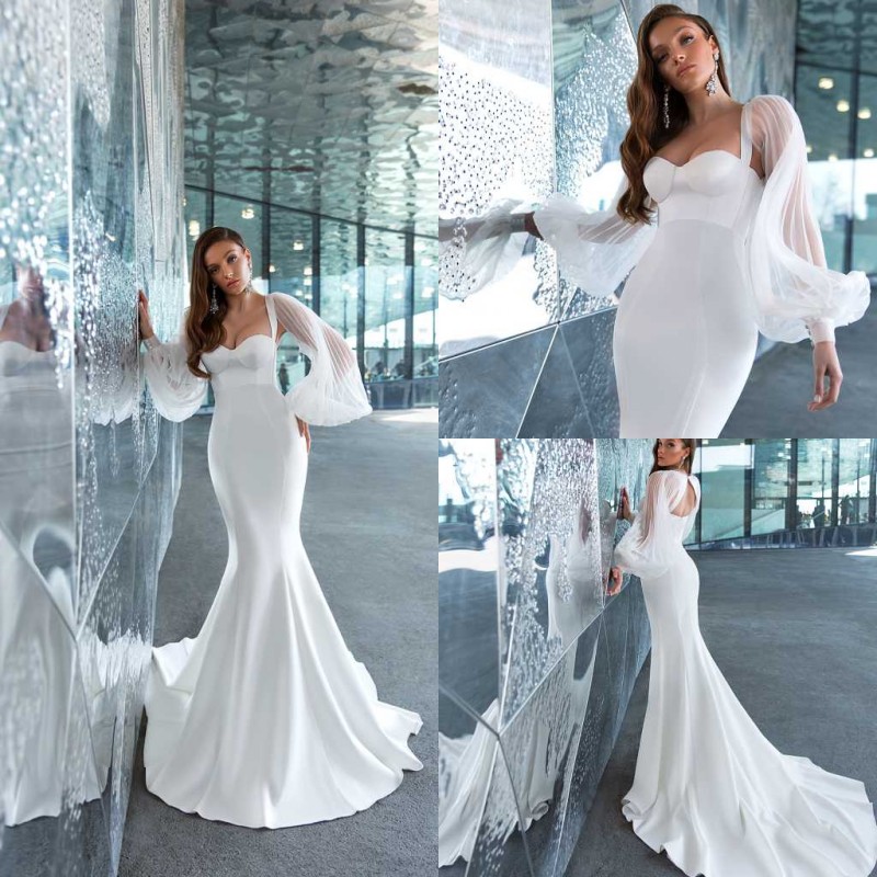 Crystal Design 2020 Satin Wedding Dresses With Long Sleeve Spaghetti Mermaid Wedding Dress Custom Made Elegant Vestidos De Novia, Dark red
Crystal Design 2020 Satin Wedding Dresses With Long Sleeve Spaghetti Mermaid Wedding Dress Custom Made Elegant Vestidos De Novia, Dark red