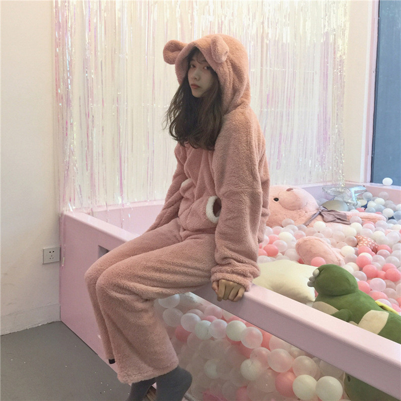 Winter Women Pajamas Sets Thick Warm Coral Fleece Children's Pajamas Female Bear Ears Cute Home Service Suit Sleepwear