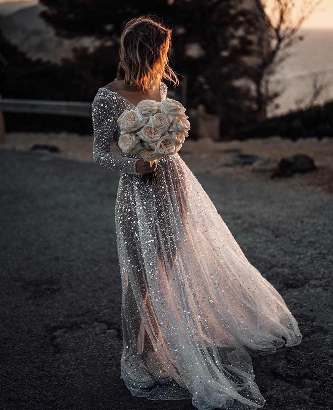 Sexy Transparent Beach Wedding Dresses Long Sleeves 2020 Sequined Backless Robe De Mariee Deep V Neck Bridal Gowns