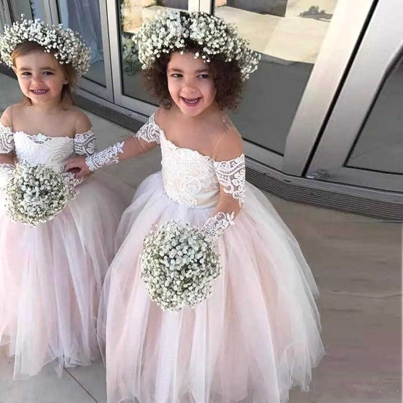 Princess Ball Gown Tulle Flower Girls Dresses Sheer Neck Long Sleeves Appliques Lace White Ivory Toddler Wedding Dresses BC2257