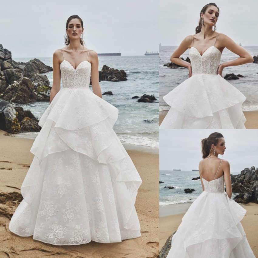 A Classy E Tiered Lace Wedding Dresses Spaghetti Straps Sleeveless Sequined Bridal Gowns Sweep Train Plus Size Robes De Mari E