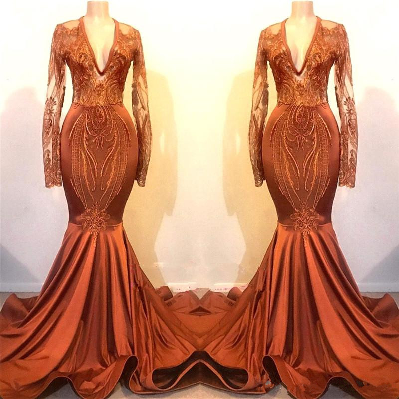 Orange Deep V Neck Satin Mermaid Prom Dresses 2019 New Sheer Long Sleeves Lace Applique Sweep Train Formal Party Evening Gowns