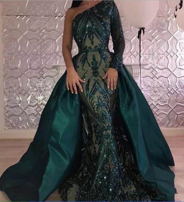 Amazing Prom Dresses 2019 One-Shoulder Sequins Lace Dark Green Detachable Train Satin Tail Evening Dresses Vestidos De Festa Formal Dresses
