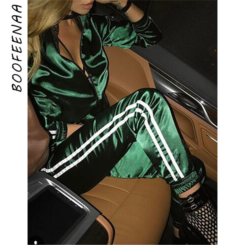 BOOFEENAA Spring 2020 Casaul Tracksuit Women 2 Piece Set Top And Pants Satin Striped Patchwork Zipper Sexy Sweatshirt Sweat Suit CX200707