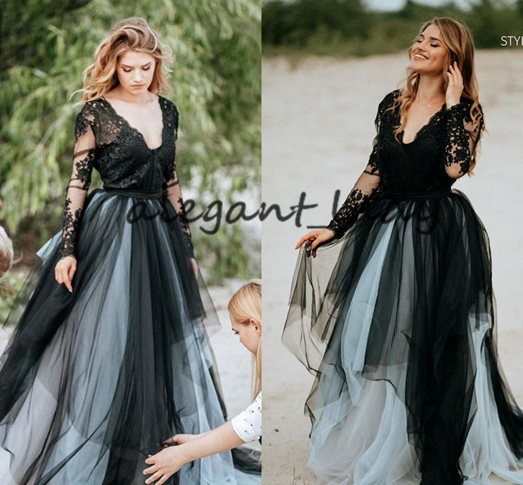 Black Gothic Wedding Dresses 2021 Vintage Lace Tulle Long Sleeve V-neck Outdoor Bride Casual Beach Country Wedding Gown Cheap