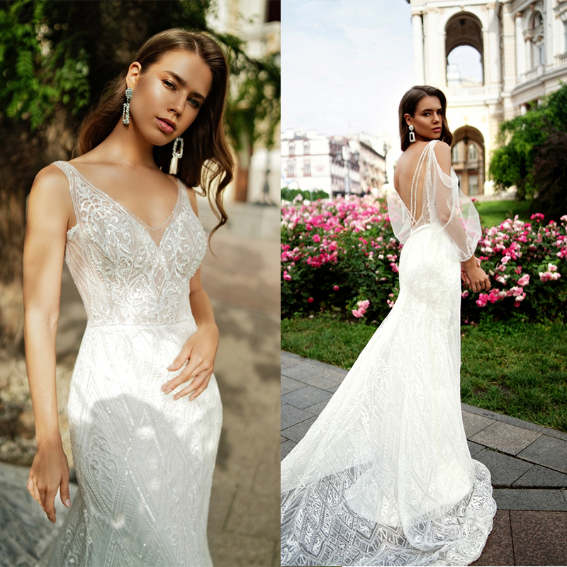 Modest Mermaid Wedding Dresses V Neck Sleeveless Tulle Lace Applique Crystal Detachable Wedding Gown Sweep Train Custom robe de mariée, Grape
Modest Mermaid Wedding Dresses V Neck Sleeveless Tulle Lace Applique Crystal Detachable Wedding Gown Sweep Train Custom robe de mariée, Grape