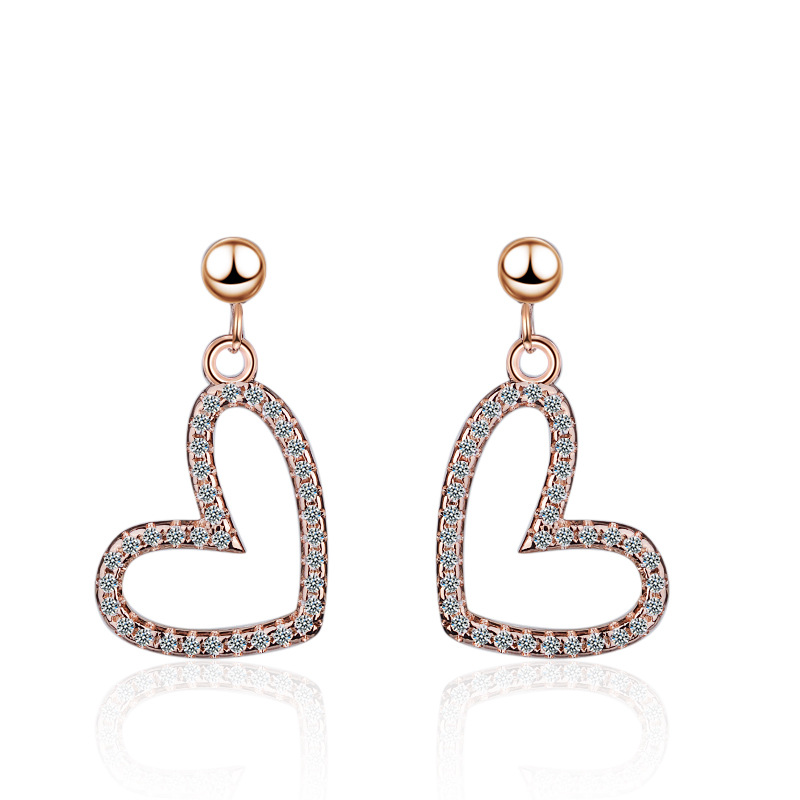 Wholesale- high quality rose gold rhinestone earrings for women silver stud earring cute heart shape fashion jewelry