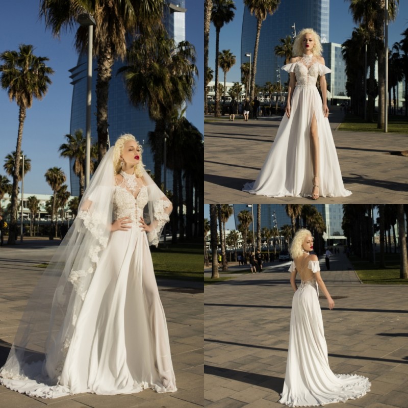 Daria Karlozi Beach Wedding Dresses High Collar Lace Applique Chiffon Boho Wedding Dress Sexy High-split Criss Cross Back Bridal Gowns