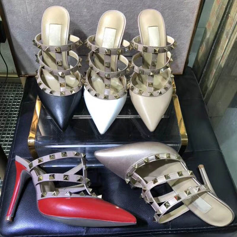 Sandals Female Summer Shoes Opentoe Sandals Metal Button Leather Sexy High-heeled Female Shoes35-41