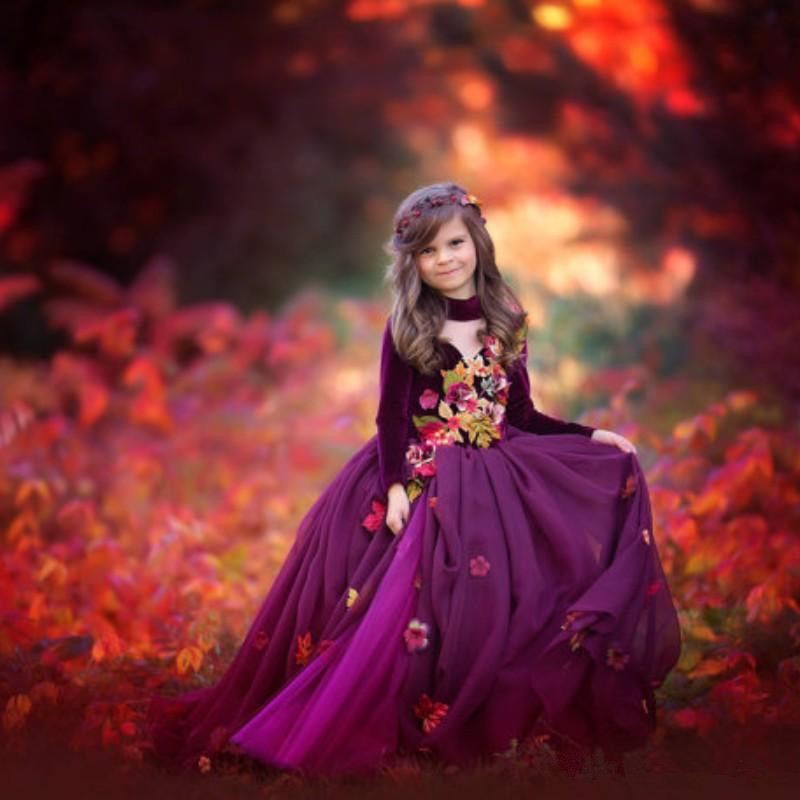 Top Velvet 2020 Flower Girl Dresses For Weddings V Neck Long Sleeve Girls Pageant Dress Floor Length Kids Birthday Communion Dress