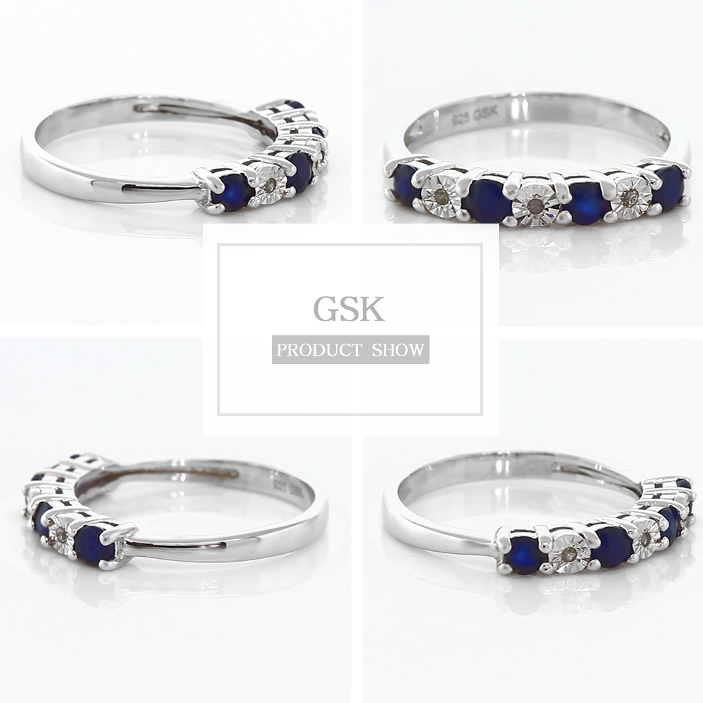 Gemstoneking Diamond Ring 925 Sterling Silver 0.029 Cttw Round Sapphire & White Diamond Engagement Ring For Women Y19051602