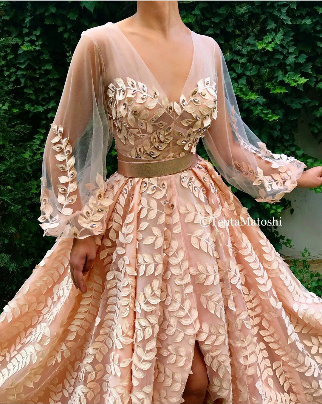 2020 Crystal Evening Dresses Tulle V Neck A Line Sweep Train Appliqued Long Sleeve Prom Dress Custom Made High Split Robes De Soirée