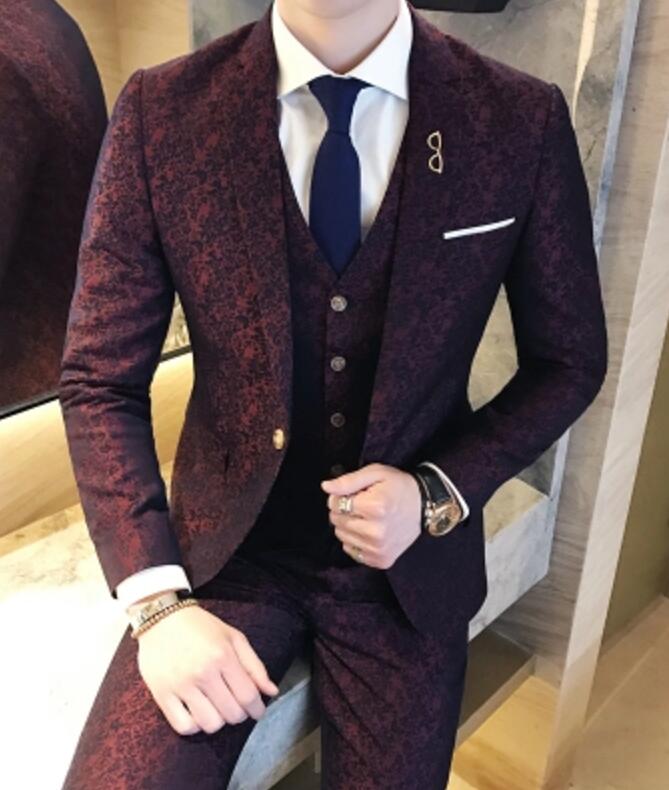 Men's Suits & Blazers Mens Wedding 2021 Burgundy Social Club Red Purple Slim Fit 3 Piece Dyed Print British Style Terno