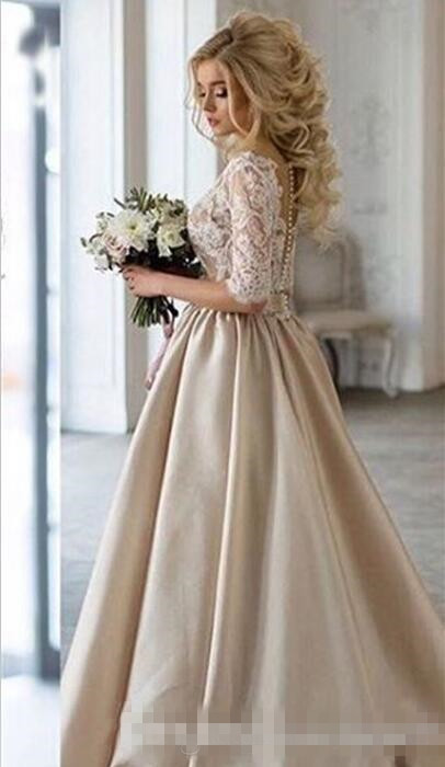 Champagne Lace 2020 Applique Prom Dresses With Half Sleeves Ribbon Illusion Bodice Jewel Neck Sweep Train Custom Made Evening Wear