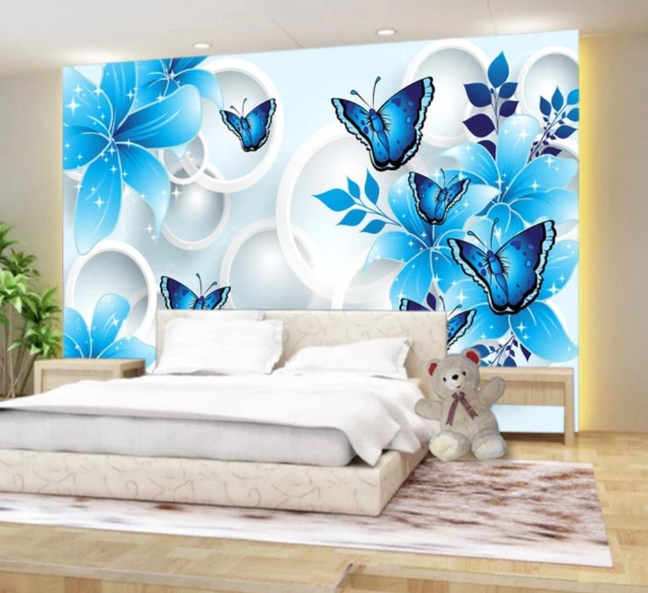 

Blue lily butterfly 3D TV background wall mural 3d wallpaper 3d wall papers for tv backdrop, As shown