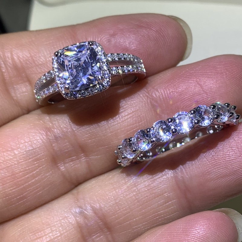 Sterg Sier Couple Rings: Dia Cut Wedding Ring Bridal Set