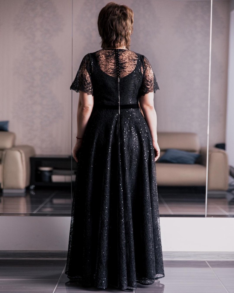 Elegant Lace Mother of the Bride Dresses Plus Size Short Sleeves Sequined Floor Length Prom Party Gowns with Beads Wedding Guest Dress