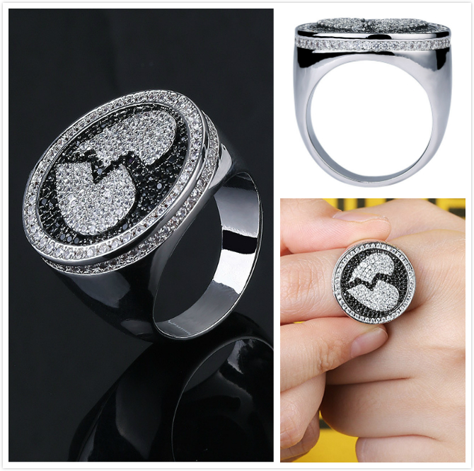 Personalized White Gold Bling White & Black Diamond Broken Heart Mens Finger Ring Iced Out Cubic Zirconia Hip Hop Rapper Jewelry For Men