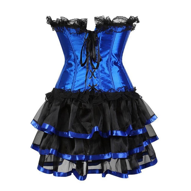 Women Burlesque Corset Skirt Set of Ruffle Lace Trim Overbust Corset with Tiered Mini Skirt Plus Size S-6XL Cosplay Costume Dress Outfit