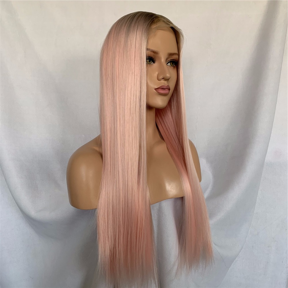 Middle Parting Long Hair Silky Straight Ombre Pink Lace Front Wig Heat Resistant Synthetic Wigs For American Black Women