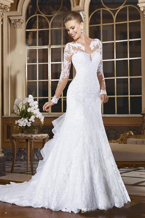 2020 Spring Vestidos De Noiva Mermaid Wedding Dresses Long Exquisite Sequins Lace Bridal Gowns Sheer Crew Neck Long Sleeves Button Back
