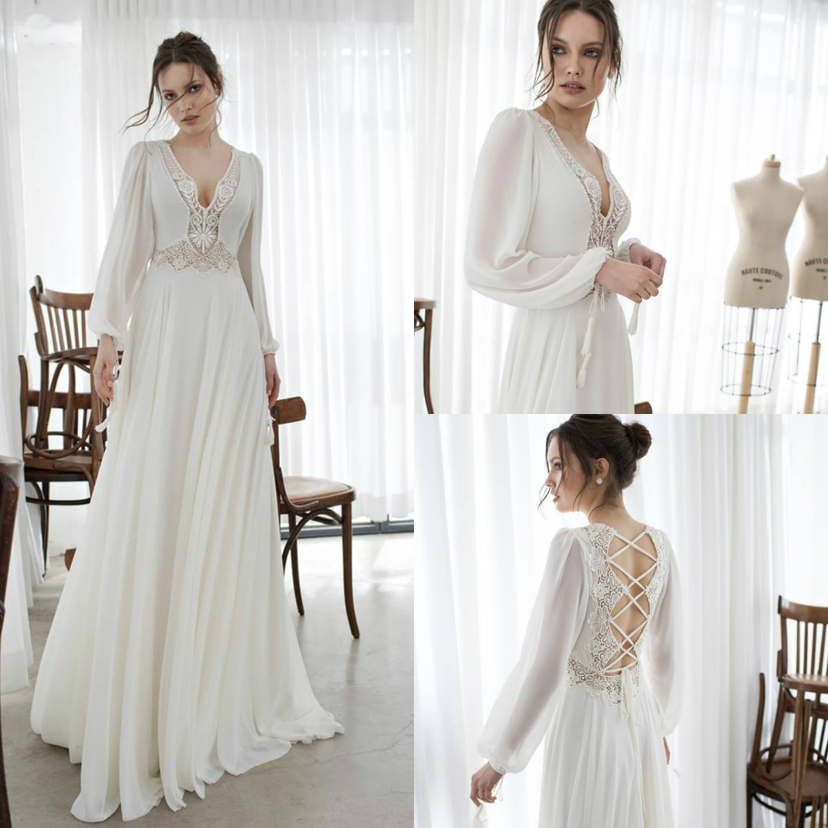 Asaf Dadush 2019 Wedding Dresses Long Sleeve V Neck Lace Chiffon Boho Bridal Gowns A Line Bohemian Beach Plus Size Wedding Dress