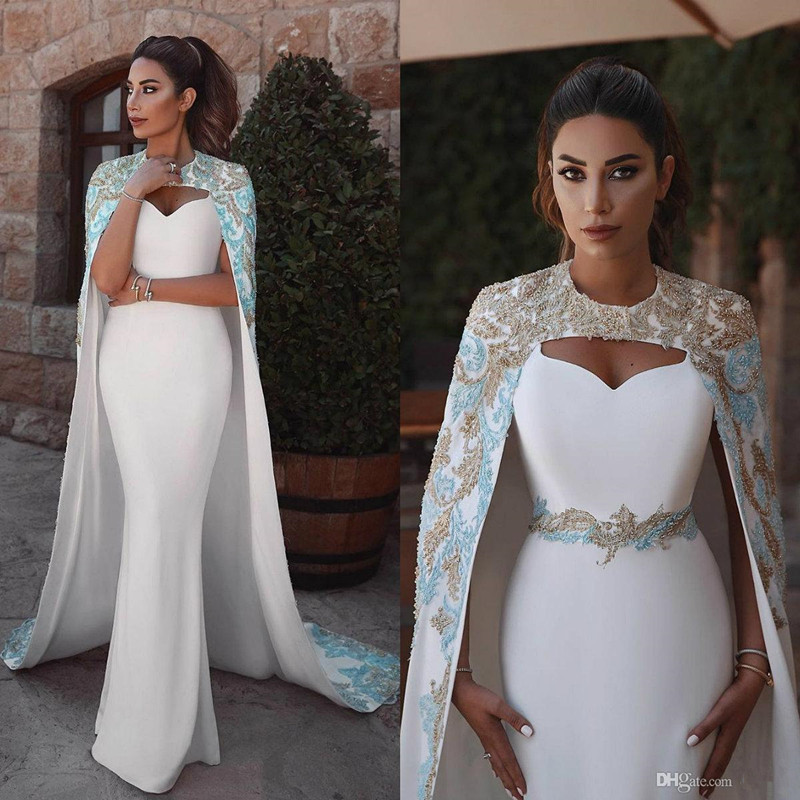 Mermaid Prom Dresses with Wrap Long Satin Beaded robes de soirée 2020 Arabic Dubai Lace Applique Trumpet Occasion Evening Gowns