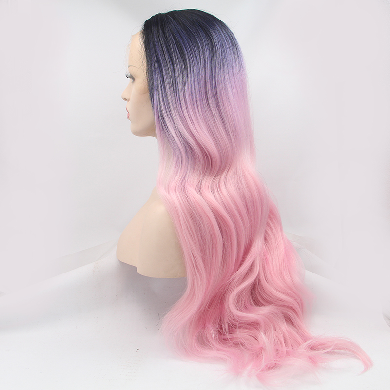 Long ombre pink body wave synthetic lace front wigs with dark roots natural hairline heat resistant fiber hair for black women