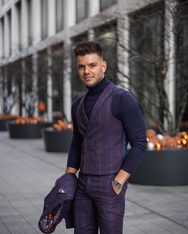 Classic Plaid Groom Wedding Tuxedos Men Groomsmen Suits Two Button Slim Fit Prom Party Dinner Blazer Jacket (Jacket+Vest+Pants)