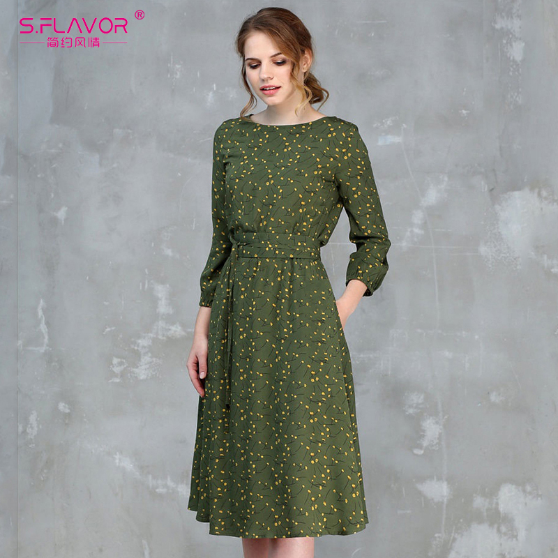 S.flavor Casual Women Spring Summer A-line Dress O-neck Three Quarter Sleeve Knee-length Dress Female Elegant Printing Vestidos Y190514
