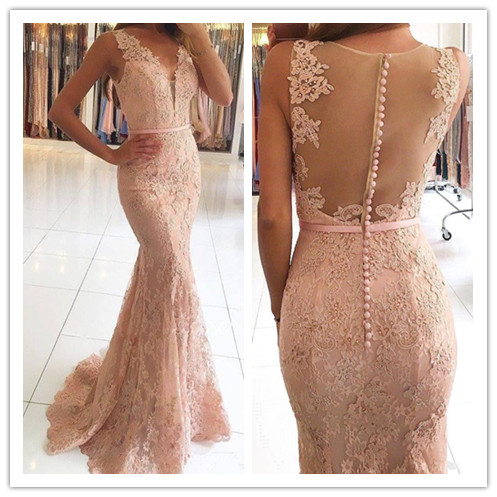 2019 Long Mermaid Evening Dresses V Neck with Beaded Lace Evening Gowns Sexy Illusion Back Sheath Prom Dresses, Brown
2019 Long Mermaid Evening Dresses V Neck with Beaded Lace Evening Gowns Sexy Illusion Back Sheath Prom Dresses, Brown