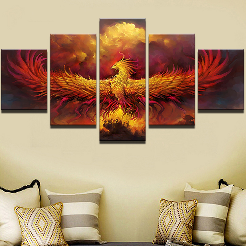 No Frame 5 Pieces Home Decor Wall Art Picture Abstract Fire Phoenix Animals Oil Painting Printed on Canvas for Living Room Decor