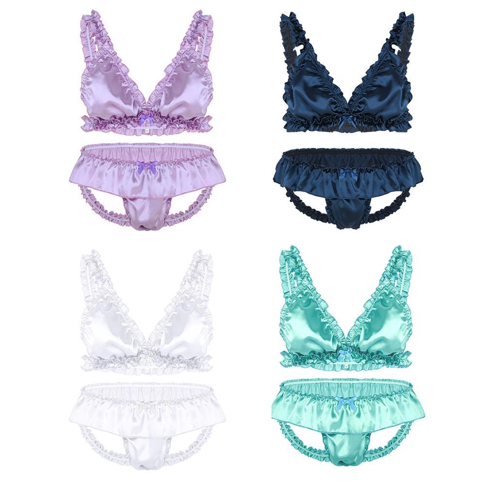 2Pcs Male Underwear Set Bra Top and Bare Bum Briefs Men Erotic Underpants Soft Frilly Lingerie Sissy Cross Dress Sexy Costumes LY191222